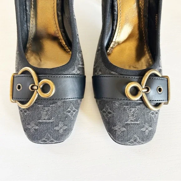 Louis Vuitton Vintage Monogram Canvas Black Gray Buckle Heels Pumps Size EU 39.5 - Picture 8 of 15